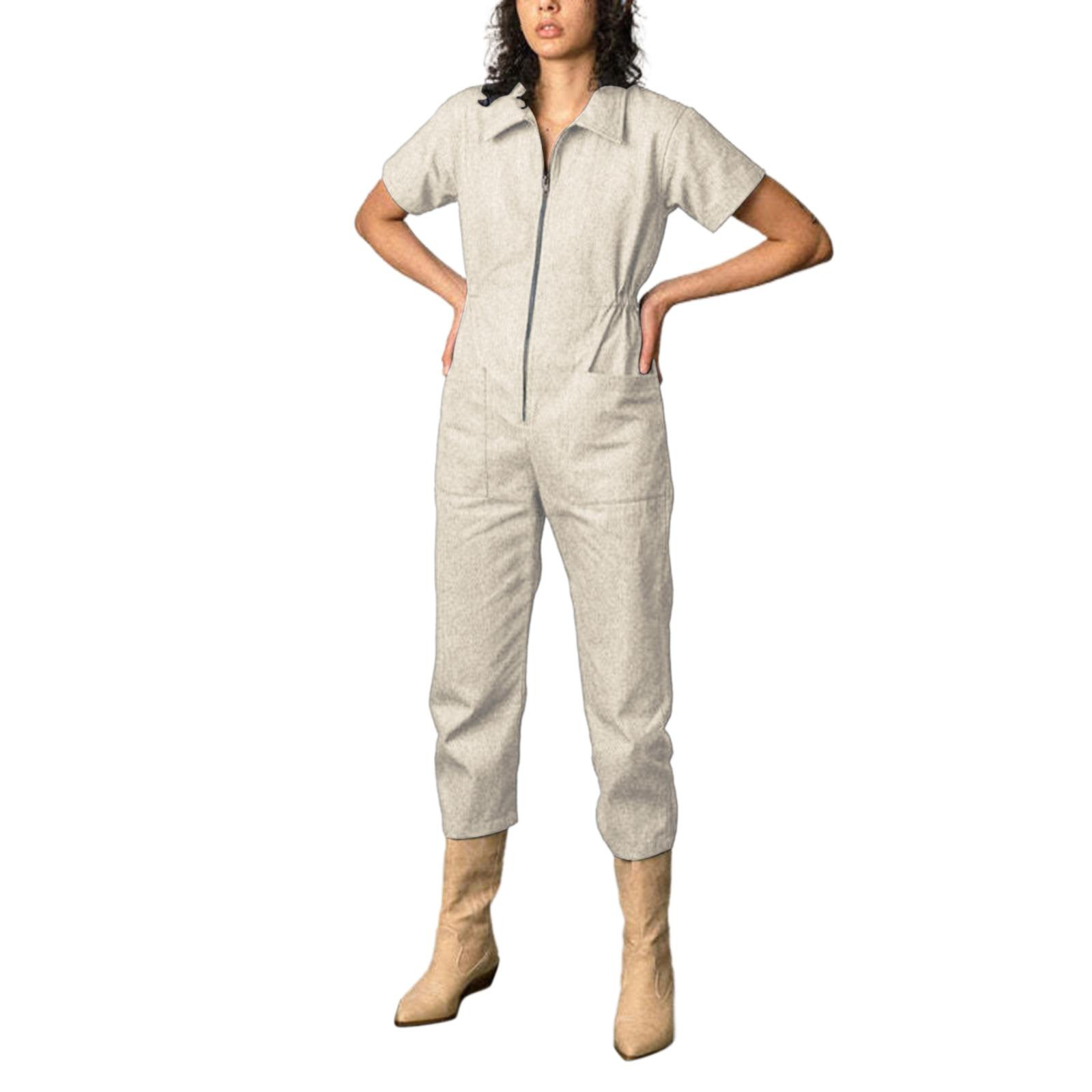 Beige Womens Jumpsuits Cropped Utility Jumpsuit Women's Casual Short Sleeve Jumpsuits Zip Up Outfit with Pockets Overalls for Women